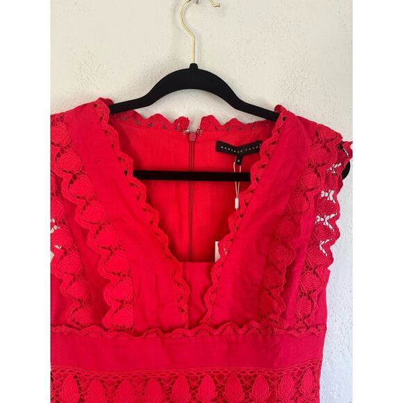 Anthropologie Endless Rose Women's  Red Plunging Neck Lace Trim Dress, M - Picture 8 of 14